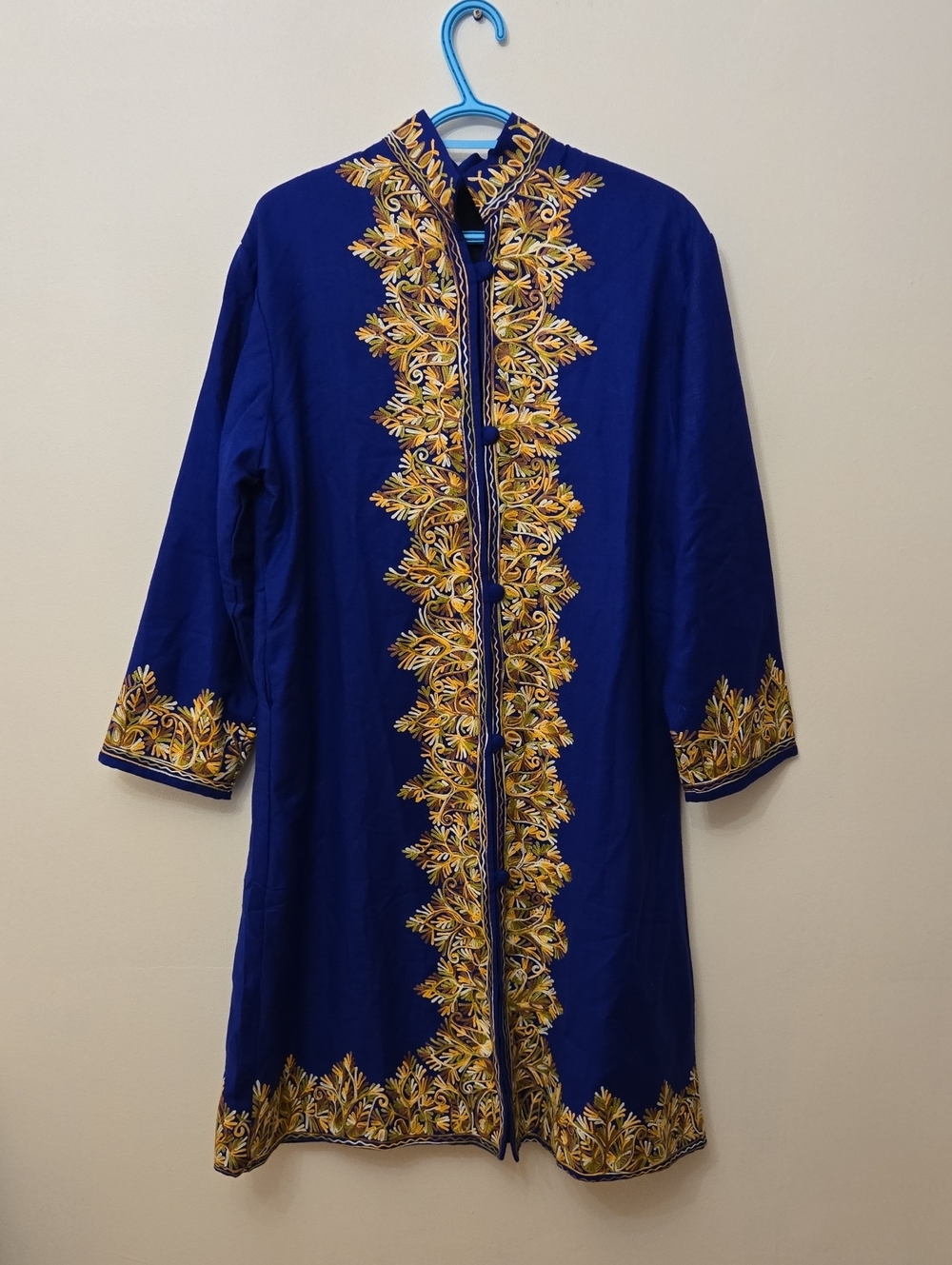 Embroidered Royal Blue Wool Women's Coat